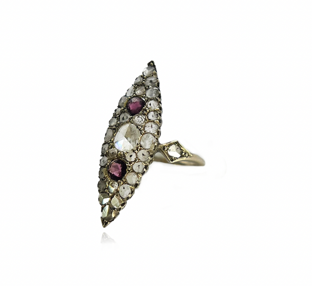 Diamond and Garnet Navette Ring