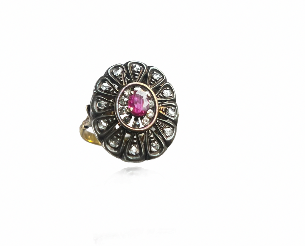 Georgian Ring with Rose Cut Diamonds and Natural Ruby