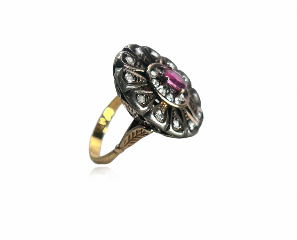 Georgian Ring with Rose Cut Diamonds and Natural Ruby