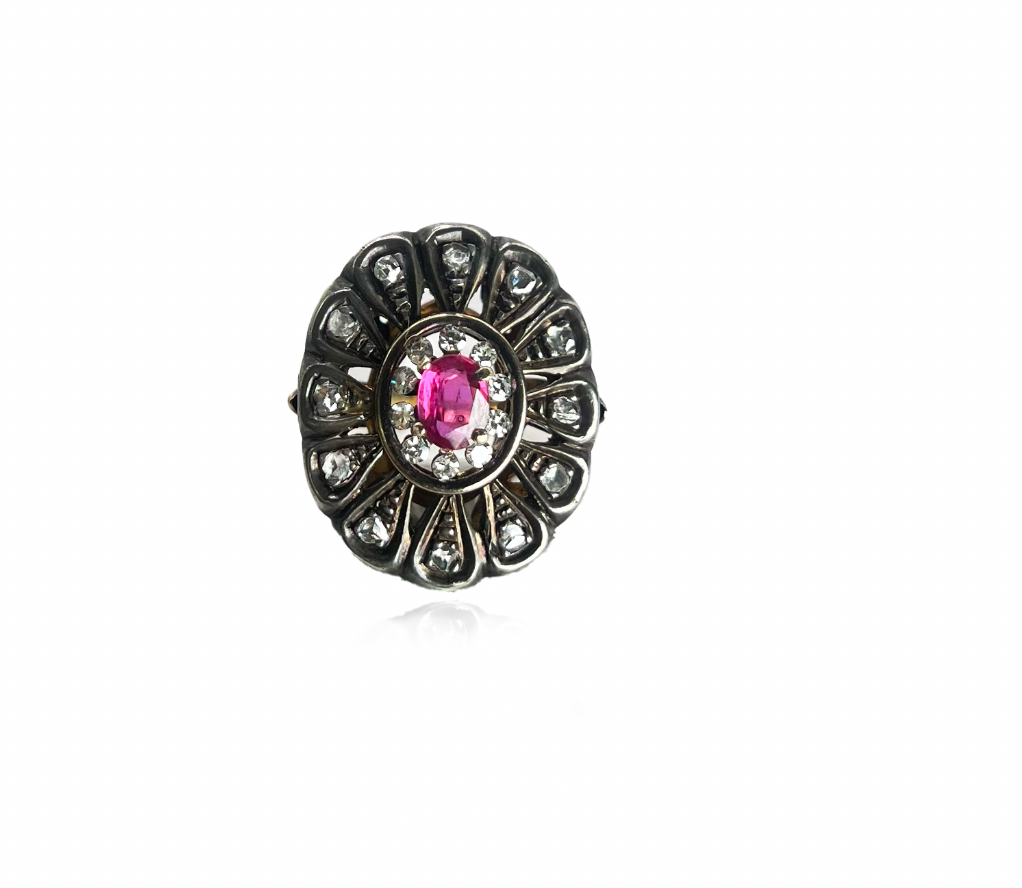 Georgian Ring with Rose Cut Diamonds and Natural Ruby