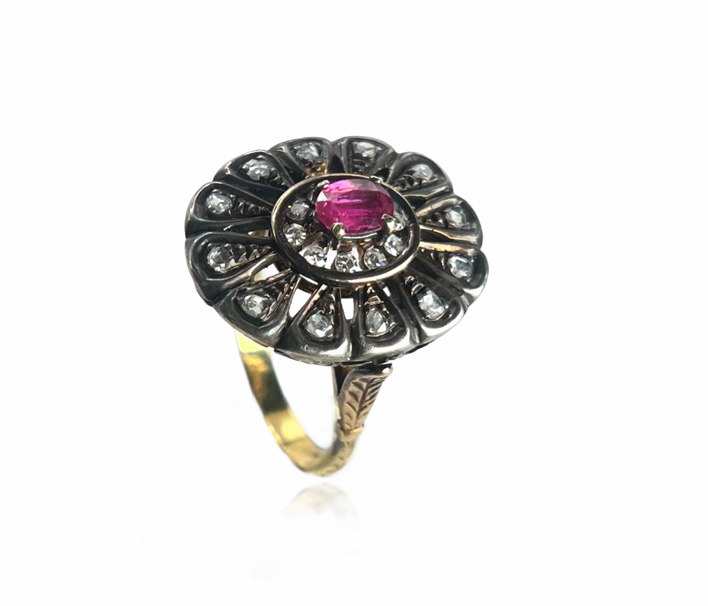 Georgian Ring with Rose Cut Diamonds and Natural Ruby