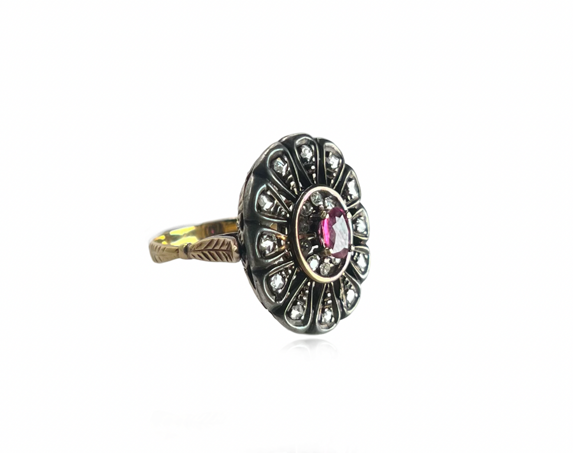 Georgian Ring with Rose Cut Diamonds and Natural Ruby
