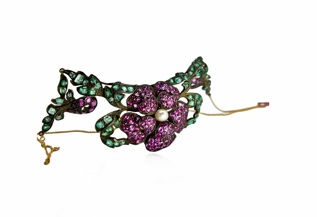 Italian Antique Foral Gemstone Necklace