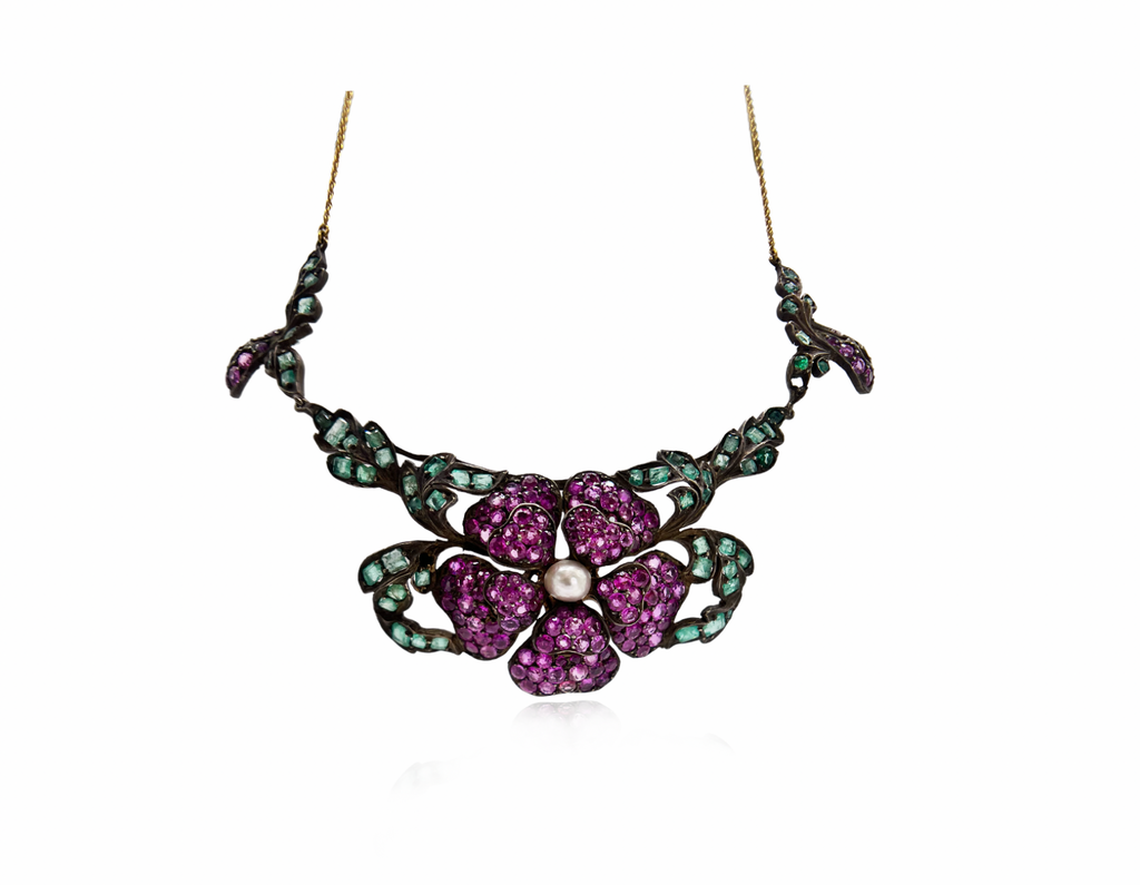 Italian Antique Foral Gemstone Necklace