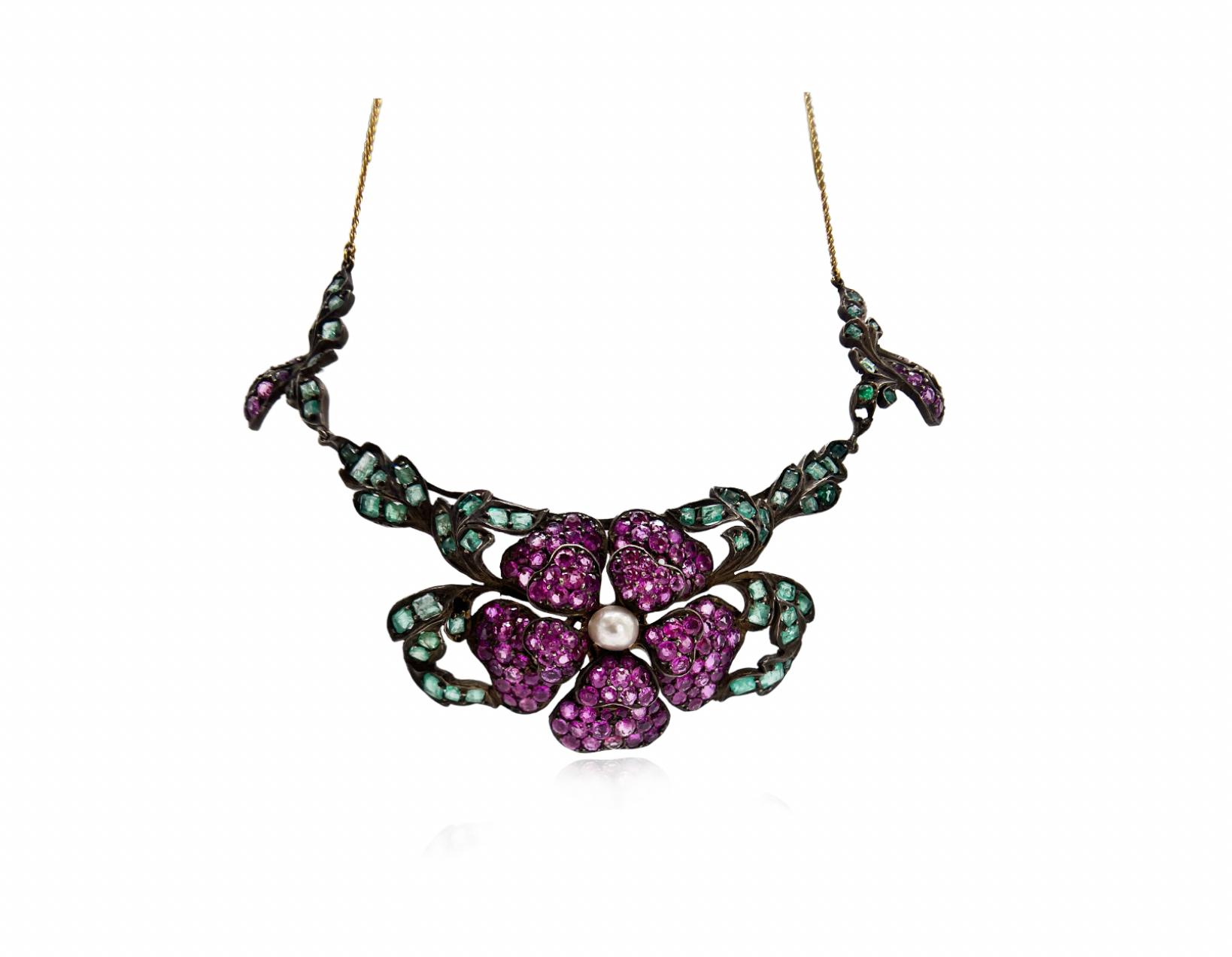 Italian Antique Foral Gemstone Necklace