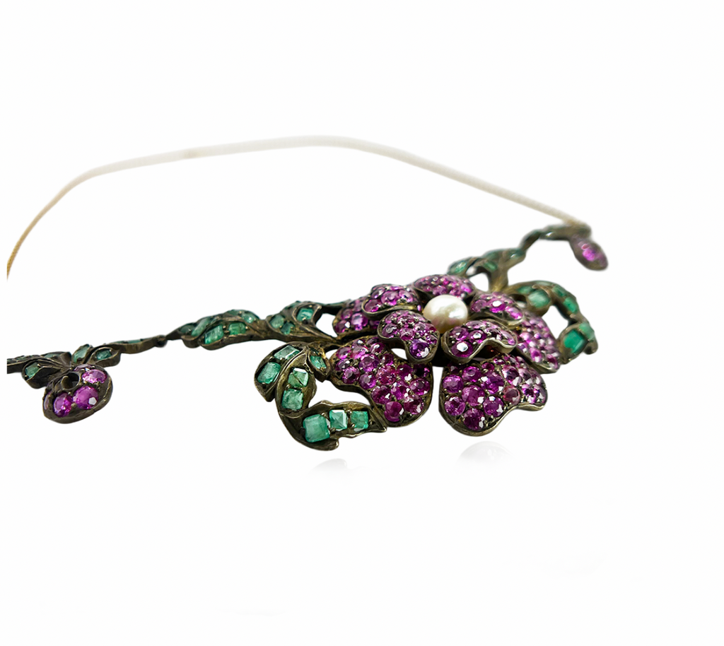 Italian Antique Foral Gemstone Necklace