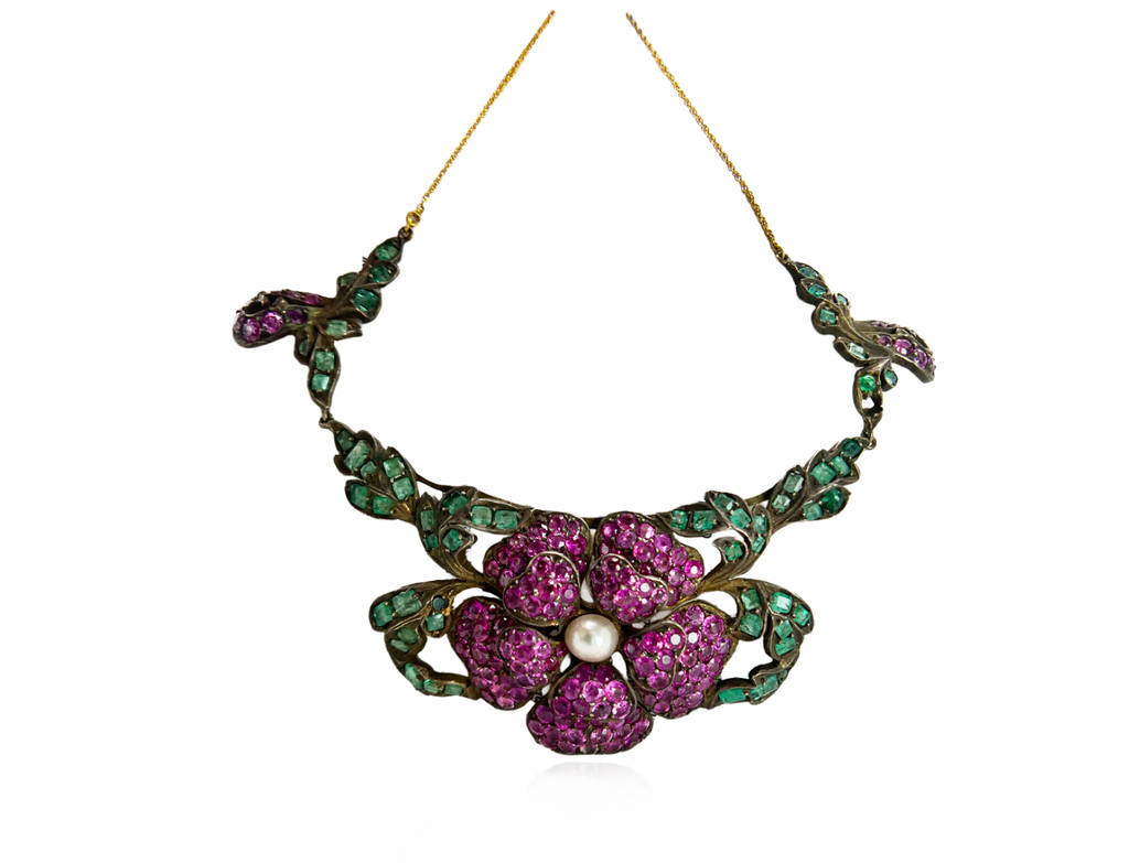 Italian Antique Foral Gemstone Necklace