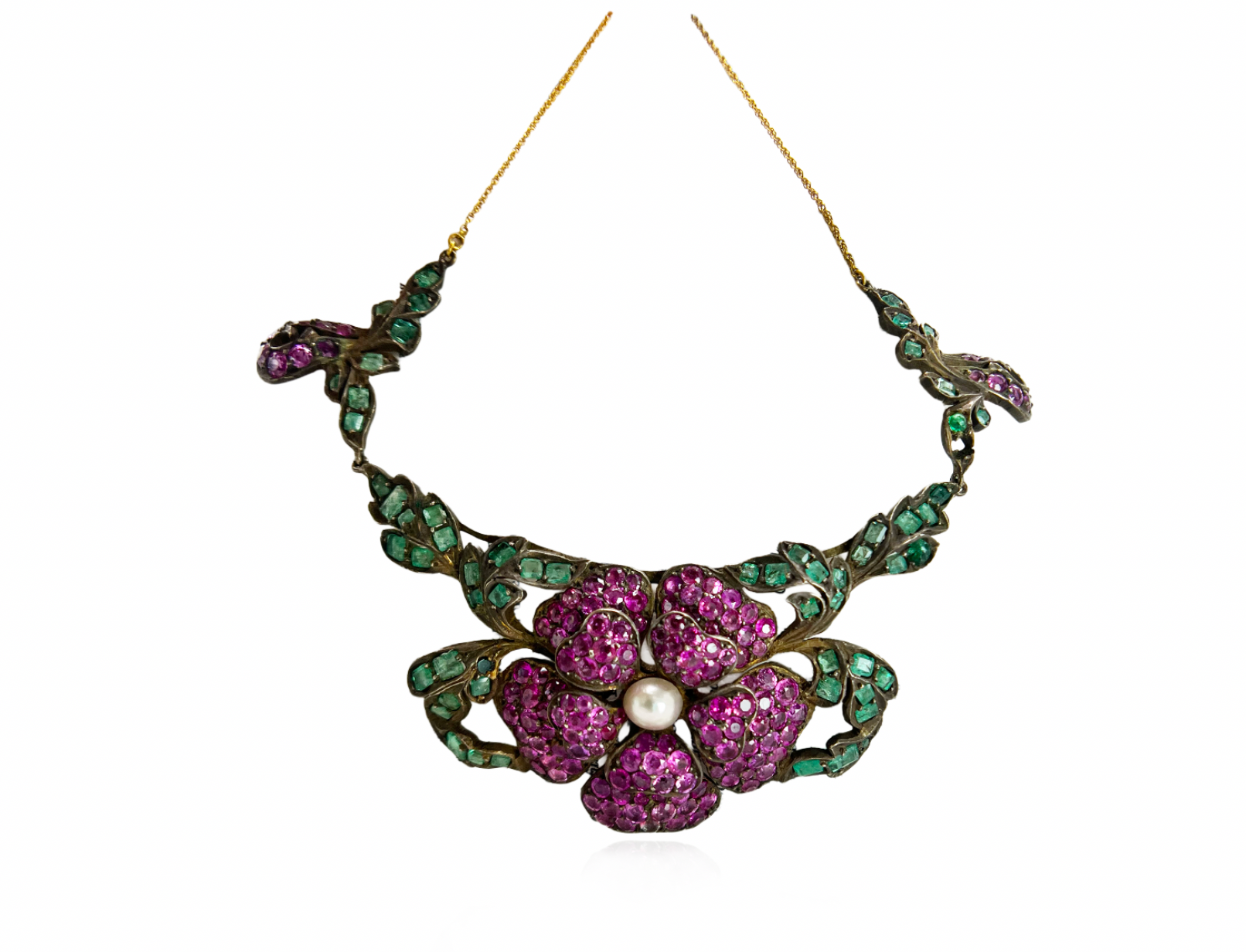 Italian Antique Foral Gemstone Necklace