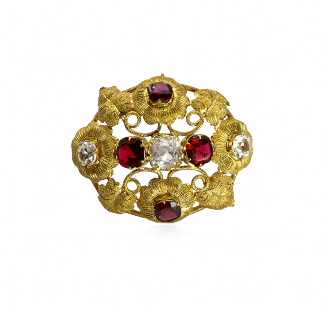 Garnet and White Tourmaline Brooch